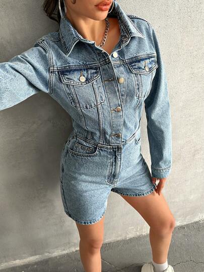 EURMUSE 100% COTTON DENIM SHORT OVERALL JUMPSUIT