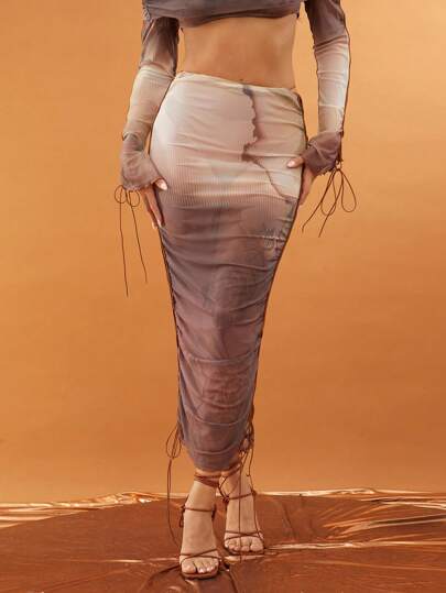 SHEIN Unity Falda primaveral sexy con degradado, cordones y malla, maxi para verano, festivales, ocasiones, fiestas, conciertos musicales para mujeres