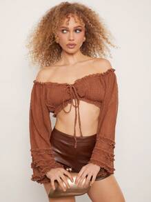 NYA SZN Áo trễ vai, chất liệu vải dệt họa tiết, viền bèo nhún, phong cách boho mùa hè, thích hợp cho lễ hội âm nhạc, kỳ nghỉ, nghỉ xuân, tiệc brunch, đi biển, lễ hội hóa trang, lễ hội carnival dành cho nữ. - màu nâu - Xem 4