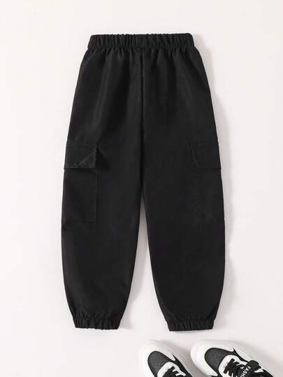 SHEIN Genkimix Kids Quần túi hộp 3D thời trang cho bé trai có băng dính bên hông, bo gấu chun, phù hợp cho bé từ 4-7 tuổi, mùa xuân/hè/thu