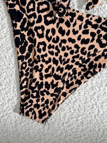 SHEIN Swim 2pcs/Set Leopard Print Halter Tie Front Sexy Bikini Set For Summer Beach Vacation - Multicolor - View 4