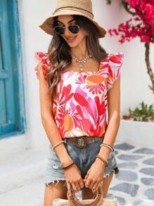 Vivid Eden Woven Print Square Collar Airplane Sleeve Women Shirt Spring Outfits For Women Fairycore Wedding Guest Dress Women Beach Outfits For Woman Tropical Vacation Woman Clothes FlowerWomens Clothing