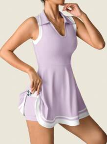 Dewbera 女士瑜伽运动休闲无袖 Polo 领连衣裙，合身健身跑步运动连衣裙，带口袋，舒适通勤户外性感短裤运动连衣裙