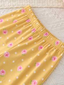 SHEIN 2 Pcs Kid Girls Floral & Cartoon Princess Pattern Lapel Button Down Long Sleeve Loose Pajama Set - Yellow - View 5