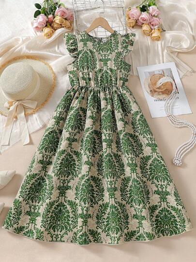 Tween Girls Allover Print Cap Sleeve Cinched Waist Dress