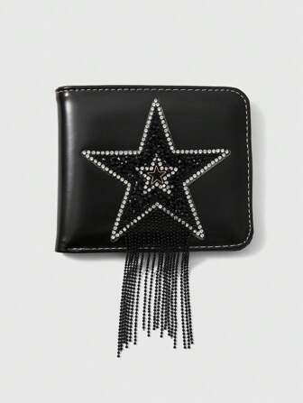 Grunge Punk 1 pièce Portefeuille biface PU avec pentagramme en strass et pompon, porte-monnaie et porte-cartes portable, portefeuille court décontracté de mode extérieure avec fermeture éclair en forme d'étoile, unisexe