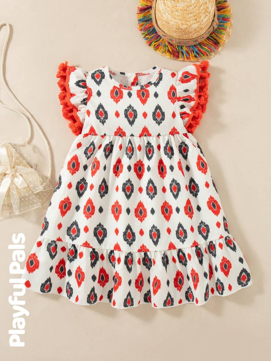 SHEIN Vestido de vacaciones con mangas con volantes y estampado geométrico para niña - Blanco - Ver 1