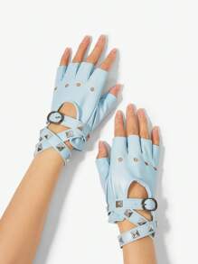 SHEIN ICON Women's Fashion Riveted Open Finger Gloves - Blue - View 2