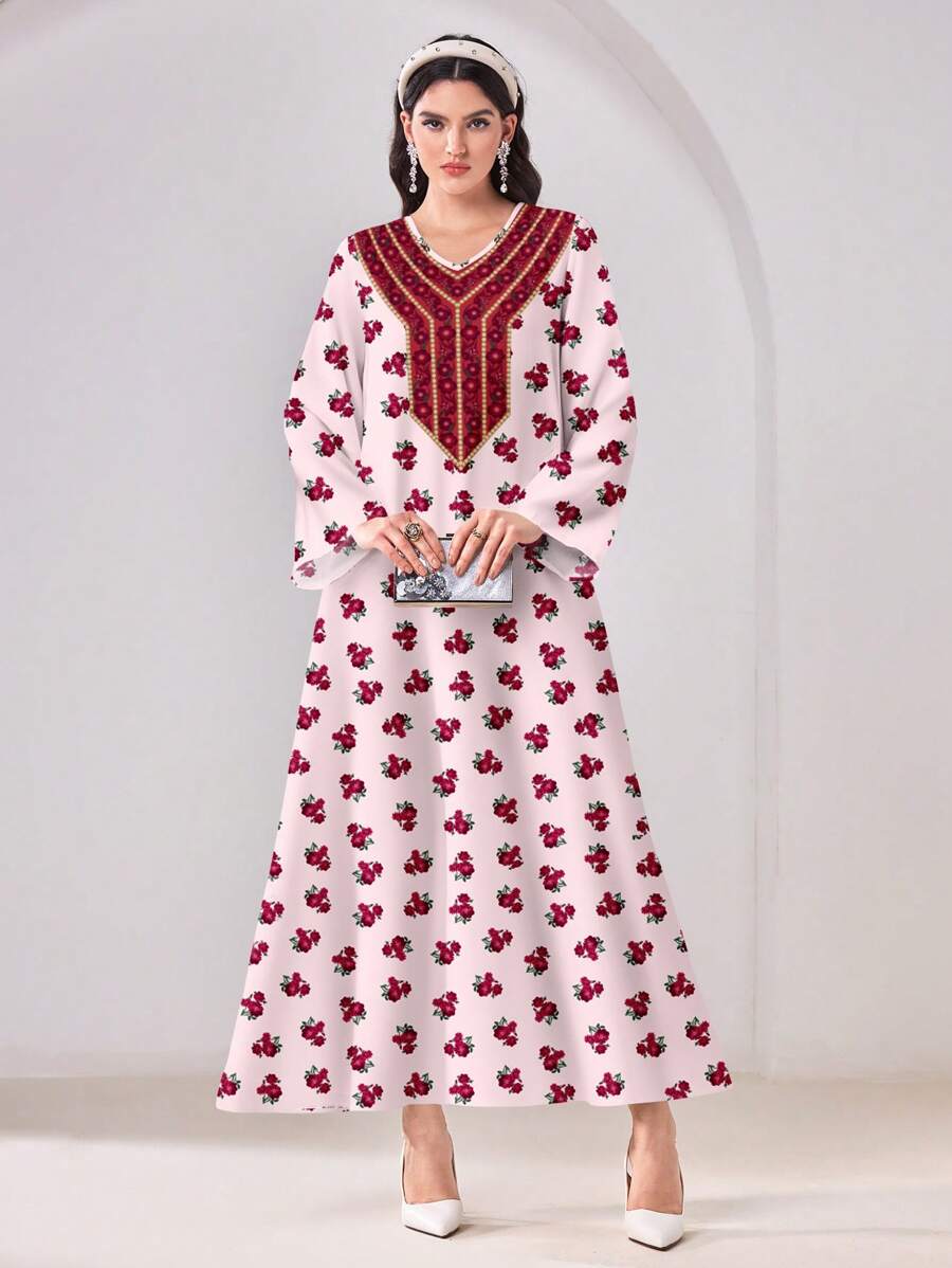 SHEIN Najma Casual Minimalist All-Over Print Modest Abaya Style Dress - White - View 1