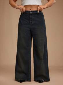 SHEIN Forever 21 Plus Size Women's Extra Long Black Denim Jeans: Wide Leg, Zipper Detail, And Flattering Fit - Black - View 7