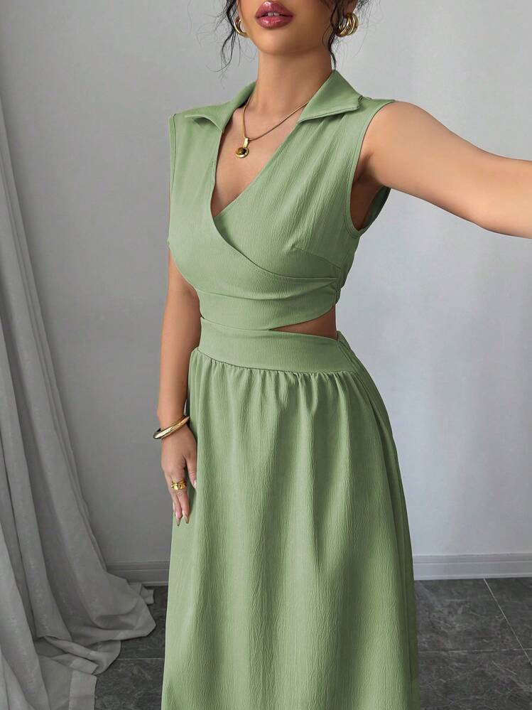 Elenzga Women Khaki V-Neck, Waistline Design Sleeveless Long Dress - Green - View 6