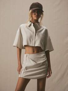 MUSERA Oversized Cropped Short Sleeve Shirt Spring  Cute Vacation Al Fresco Work Everyday Casual Holiday Airport Outfits Beach - Cream - View 1