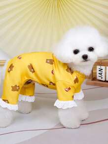 PETSIN Yellow Spring/Summer Simple Casual Home Wear Bear & Mushroom Print Hollow Ruffle Cuff Wearable & Leash Friendly Soft Pet Jumpsuit