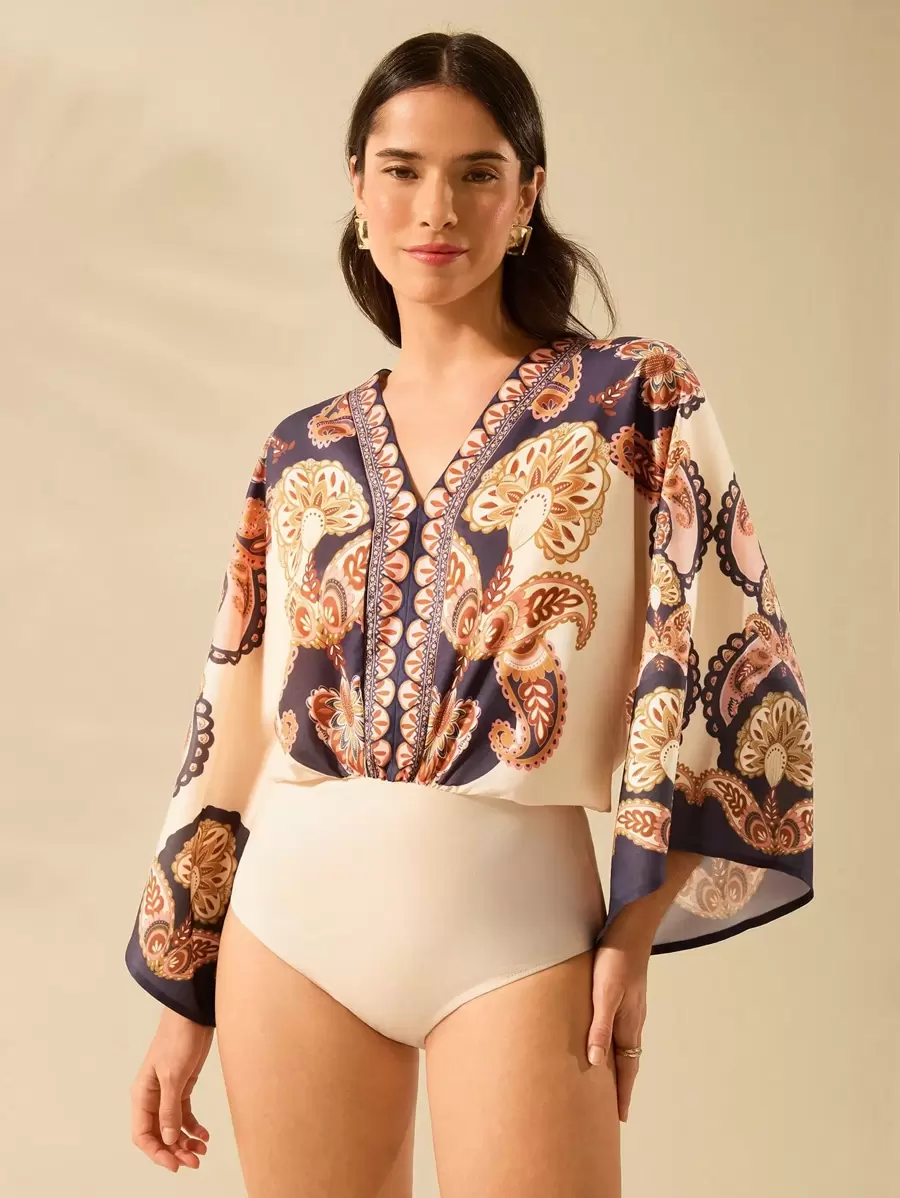 CAJUNI Ladies Boho Brown Tropical Paisley Print, Deep V-Neck Apricot One-Piece Suit, Holiday Casual Summer Beach One-Piece - Multicolor - View 1