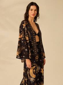 CAJUNI Women's The Sun, The Moon And The Devil's Eye Printed Casual And Boho Long Sleeve Kimono, Perfect For Holiday