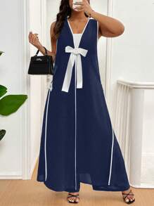 SHEIN LUNE Plus Size Colorblock Bow Decor Long Vest Jacket + Black Pants Elegant Commuting Outfit - Blue - View 4