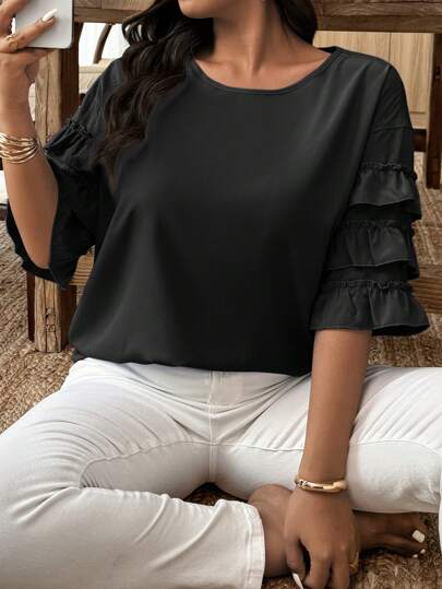 Weeklong Casual/Vacation Style Solid Color Plus Size Ruffle Hem Blouse
