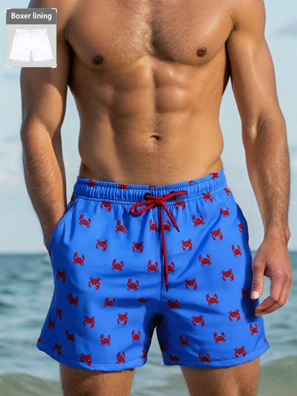 Surfspeed Men's Crab Print Drawstring Waist Casual Beach Shorts
