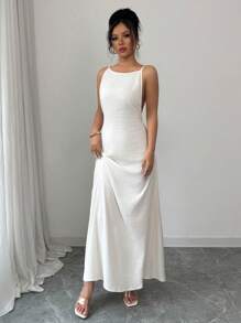 Rafferiza 女士纯色休闲细肩带露背连衣裙 - 米色 - 查看 4