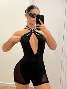 SHEIN ICON Figure-Hugging Hollow-Out Lace Up Mesh Panel Romper Unitard - Black - View 5