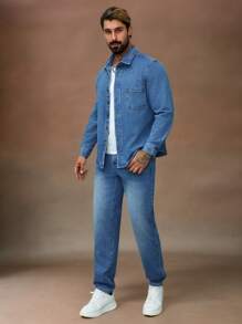 Manfinity Homme Plus Size Men Casual Denim Set, Denim Shirt & Washed Jeans, Minimalist & Fashionable For Daily Wear, Fall - Blue - View 3