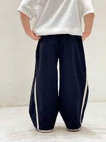 Young Boy Loose Fit Casual Trousers With Contrast Striped Side Decoration, Collegiate Style,Kids - Navy Blue - View 6