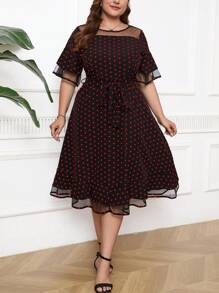 SHEIN Clasi Plus Size Women Polka Dot Print Contrast Mesh Ruffle Sleeve Elegant A-Line Dress - Black - View 5