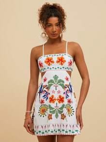 Travachic 编织印花镂空腰部细肩带女式迷你连衣裙 - 白色 - 查看 4