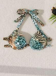 Swim SXY Women's Beach Summer Leopard Print Push-Up Padded Halter Backless Bikini Swimwear Top - Multicolor - View 3