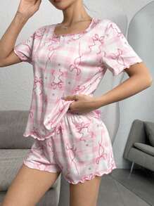 SHEIN Bow Frame Quilted Hem Casual Women Pajama Set Women Pj Set Short - Pink - View 3