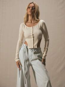 MUSERA 开襟圆领弧形侧边纽扣修身长袖上衣，春季可爱度假风，优雅夏季假日装扮 - 杏色 - 查看 1