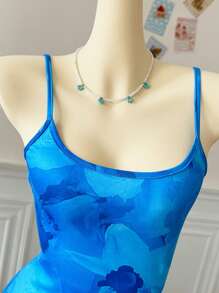 INAWLY 女士优雅花卉印花修身无袖连衣裙 - 藍色 - 查看 4