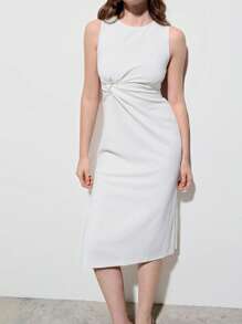 Maija Vestido informal moderno, urbano y romántico para vacaciones, fiestas, invitados de boda, estilo de dinero antiguo y graduaciones, de 2025 con cuello redondo, sin mangas, de cintura drapeada, con hebilla metálica decorativa, apropiado para salidas, fiestas, boda, playa y resort