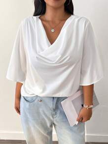 SHEIN EZwear 大码休闲简约纯色雪纺衬衫，低胸领口 - 白色 - 查看 5