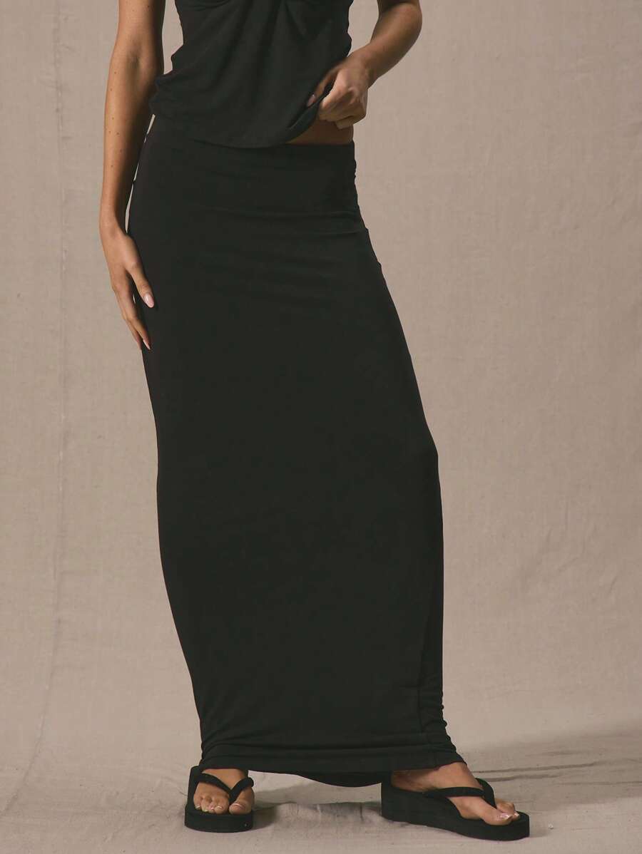 MUSERA Low Rise Fitted Maxi Skirt Bottom Only Summer Cute Vacation Casual 90's Holiday Autumn Back To School Work Office Occasion Party - Black - View 1