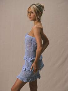 MUSERA Bandeau Tie Front Crochet Knit Tiered Ruffle Trim Strapless Mini Dress For Spring Summer Cute Vacation 90's Y2k Beach - Blue - View 2