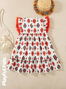 SHEIN Vestido de vacaciones con mangas con volantes y estampado geométrico para niña - Blanco - Ver 2