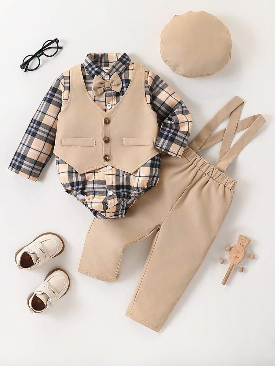 Souflis Souflis 4pcs Baby Boys Gentleman Bow Tie Shirt, Bib, Pants, Khaki Outfit Sets, Autumn/Winter - Multicolor - View 1