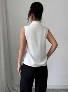 Elenzga Casual Solid Color Single-Breasted Lapel Design Sleeveless Shirt - Apricot - View 2