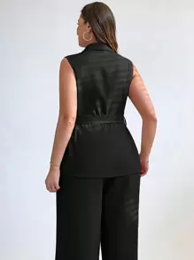 SHEIN Essnce 女士夏秋装 秋季女装 商务女装 时尚休闲通勤度假工作办公服装 商务休闲骄傲服装 大码纯色单排扣无袖西装外套女士夹克 秋季夹克女士西装外套 - 黑色 - 查看 2