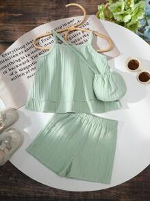 2 件女婴休闲时尚无袖上衣和短裤套装，绿色夏季服装，清爽可爱的春季休闲度假装 - 彩色 - 查看 1