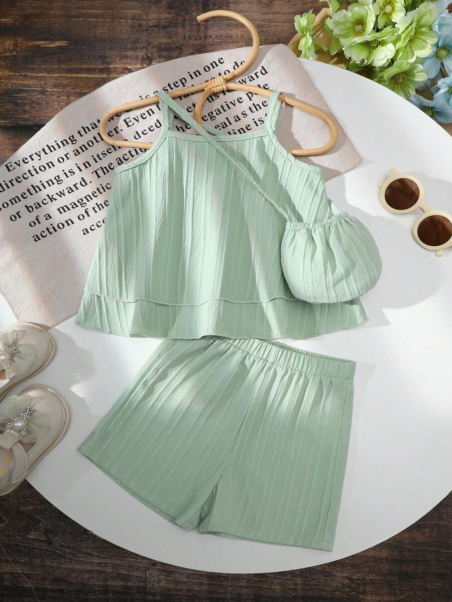2 件女婴休闲时尚无袖上衣和短裤套装，绿色夏季服装，清爽可爱的春季休闲度假装 - 彩色 - 查看 1