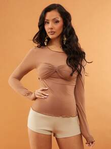 SHEIN Unity Top Long Sleeve Brassiere Lettuce Hem Swoop Neck Summer Event Top Music Festival Elegant Vacation Spring Break Brunch Party Thanksgiving Christmas NYE New Years Eve Outfits For Women - Brown - View 5