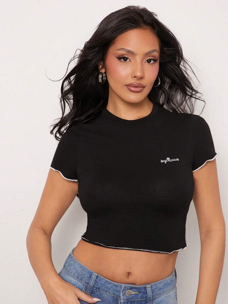 SHEIN Unity Top Sagittarius Embroidered Astrology Star Sign Everyday Casual Streetwear Lettuce Hem Birthday Gift Cotton Thanksgiving Christmas NYE New Years Eve Outfits For Women T Shirt - Black - View 1