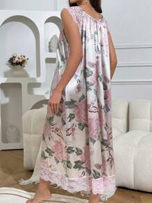 Moonlight&Mama Romantic Round Neck Lace Patchwork Floral Faux Silk Maternity Nightgown - Multicolor - View 2