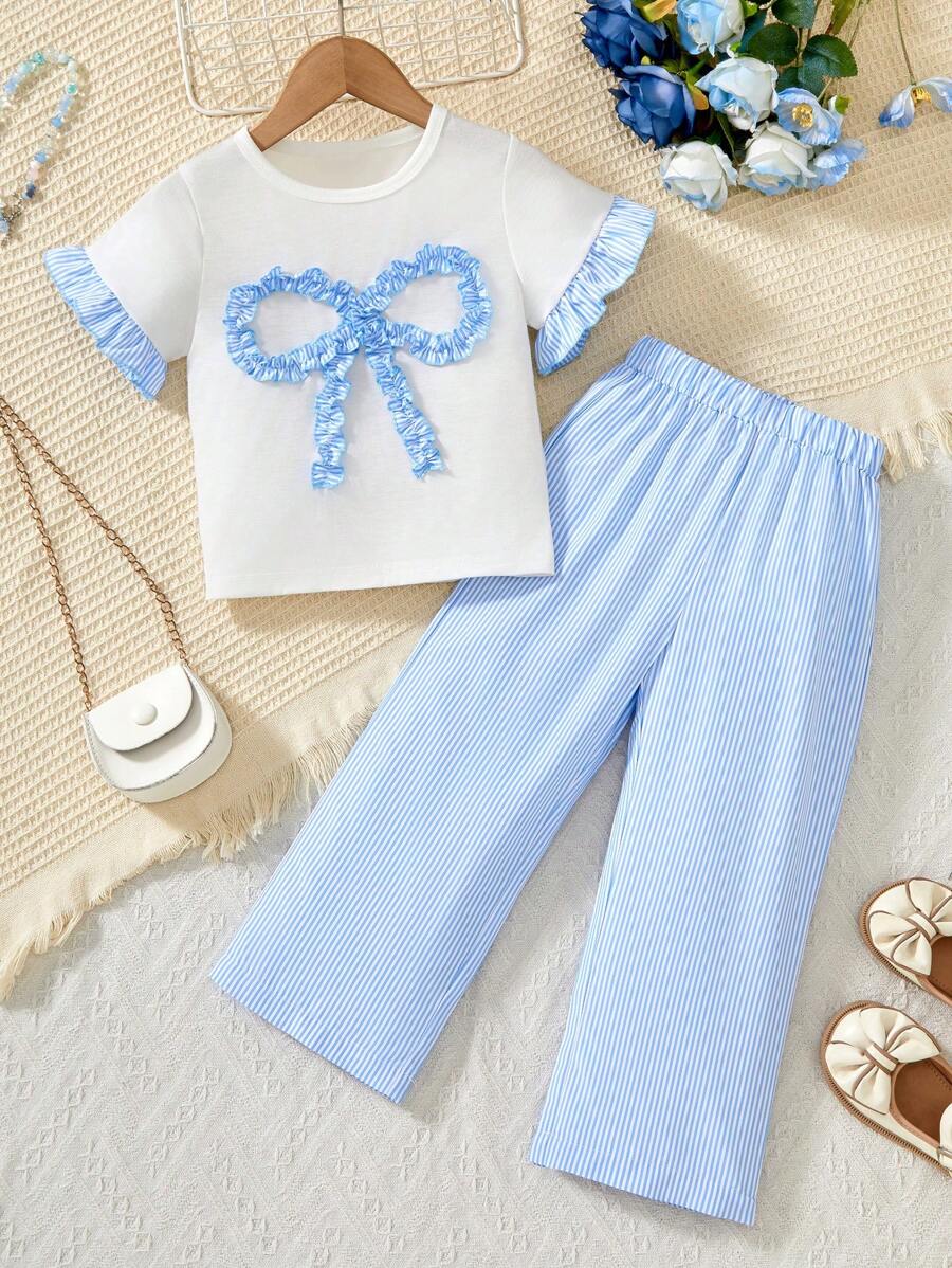 SHEIN 2pcs/Set Little Girls Bow Embellished Round Neck Ruffle Sleeve Tee And Striped Pants Set - Multicolor - View 1