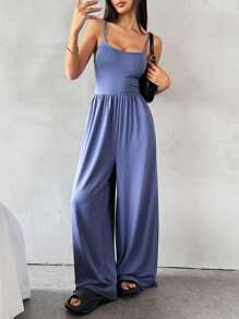 Flirla Bộ đồ liền thân ống rộng không tay phong cách Âu Mỹ gợi cảm - Màu xanh lam - Xem 3