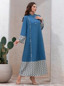 Al Najma 女式休闲拼色宽松拼接连衣裙，端庄 - 藍色 - 查看 4