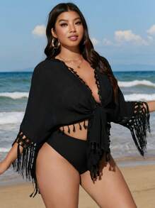 SHEIN Swim Lushore Plus Size Women Loose Knitted Floral Lace Tassel Tie Beach Cover Up Kimono, Summer Vacation - Black - View 5