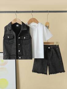 SHEIN Conjunto de 3 piezas para niño pequeño: camiseta de manga corta casual, chaleco vaquero desgastado y pantalones cortos vaqueros rotos, para verano